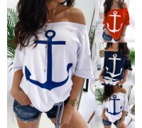 Spot new wise amazon ebay popular loose off shoulder bat shirt printed T-shirt women OM8839