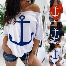 Spot new wise amazon ebay popular loose off shoulder bat shirt printed T-shirt women OM8839