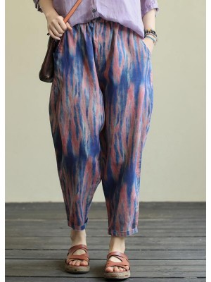 Printed casual plus size elastic waist nine-point harem pants