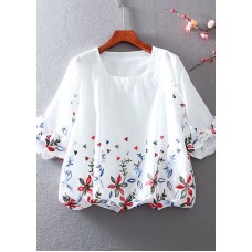 Cute White O-Neck Embroideried Chiffon tops lantern sleeve