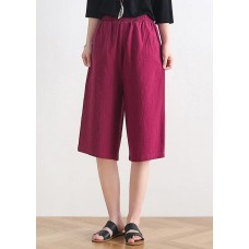 Women's summer new loose high waist five points wide leg pants linen burgundy straight shorts