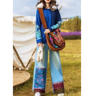 Chic high waist pant oversize denim blue Cotton embroidery pant