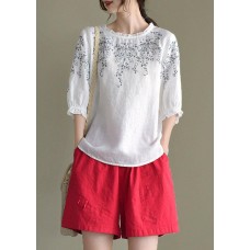 Simple White Loose O-Neck Embroideried Summer Linen Blouse Top