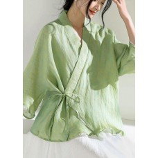 Elegant Green V Neck Butterfly Sleeve Tie Waist Summer Linen Tops