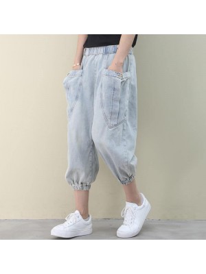 tyle summer wild pants plus size clothing light denim blue Work pockets trousers