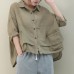 Chic lapel pockets linen shirts women Christmas Gifts khaki blouse