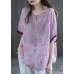 Casual Pink Print Patchwork Summer Linen Shirt Half Sleeve