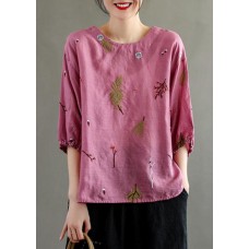 Elegant Pink O-Neck Embroideried Summer Linen Blouses