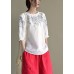 Simple White Loose O-Neck Embroideried Summer Linen Blouse Top