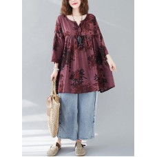 Bohemian v neck linen cotton summerclothes red prints Dresses shirts