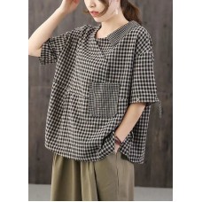 Casual Black Asymmetrical Plaid Cotton Blouses Half Sleeve