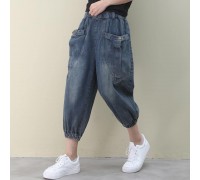 Elegant dark denim blue trousers  summer pockets Cotton shorts