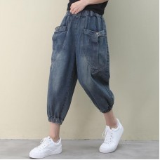 Elegant dark denim blue trousers  summer pockets Cotton shorts