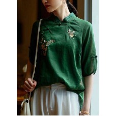 Handmade Green side open Mandarin Collar Tops Half Sleeve