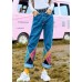 Elegant high waist pants fall fashion denim blue design patchwork pant