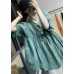 Unique Green Loose Button Patchwork Fall Half Sleeve Blouse Top