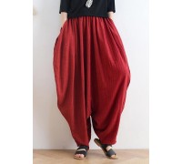 Women's spring and summer high waist cotton and linen loose large size casual red pants retro cropped pants