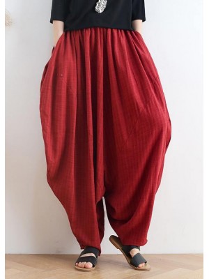 Women's spring and summer high waist cotton and linen loose large size casual red pants retro cropped pants